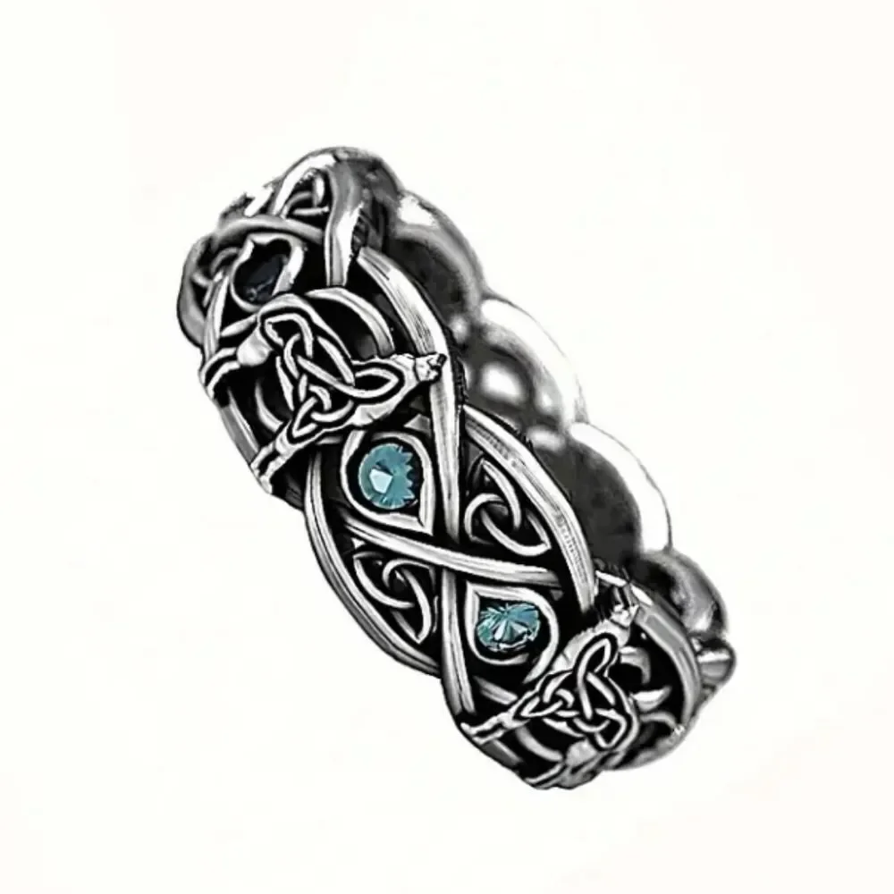Unisex Silver Celtic Knot wolf Ring with Blue Accents sz 6